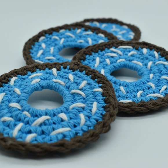 Hand Crafted Crochet Blue Frosted Doughnut Coasters Set of four - Picture 5 of 6